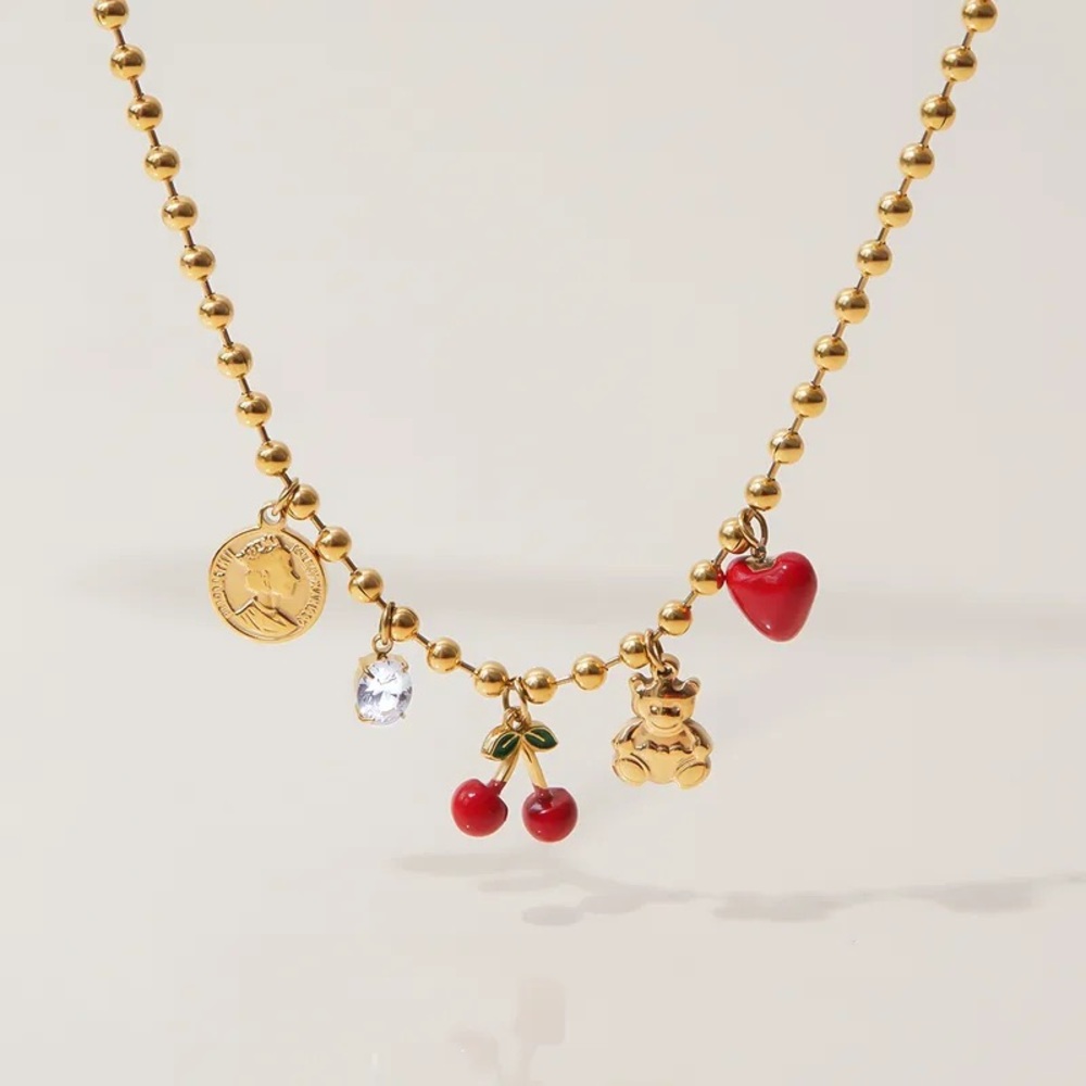 Golden Memories Beaded Cherry Teddy Bear Necklace - Picture 3 of 10